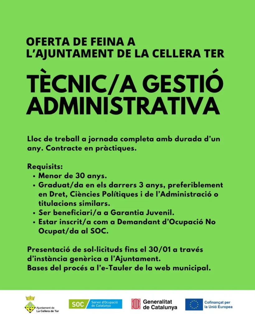 🔊 OFERTA DE FEINA A L’AJUNTAMENT DE LA CELLERA DE TER: TÈCNIC/A DE GESTIÓ ADMINISTIVA.