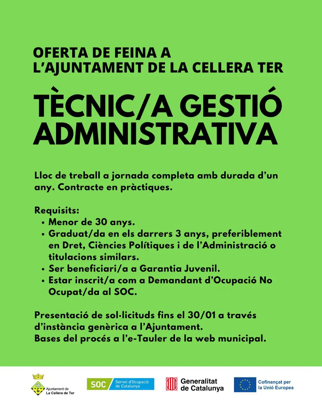 🔊 OFERTA DE FEINA A L’AJUNTAMENT DE LA CELLERA DE TER: TÈCNIC/A DE GESTIÓ ADMINISTIVA.