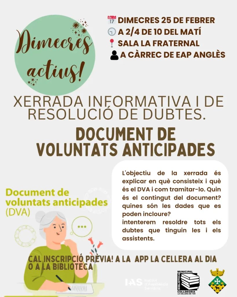 DIMECRES ACTIUS: Xerrada informativa sobre el Document de Voluntats Anticipades (DVA)